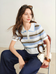 BADINA | Elegant Color-block Striped Polo Collar Sweater