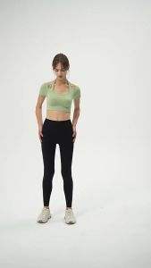 Hoppe Fumeng Yoga Bra Crop Top Fixed Pads Halter Neck Short Sleeve Yellow Green Black