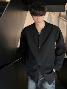 Cleanfit Collarless Shirt Mens Long Sleeves Stylish Spring and Autumn K-style Loose Fancy Handsome Shirt Coat