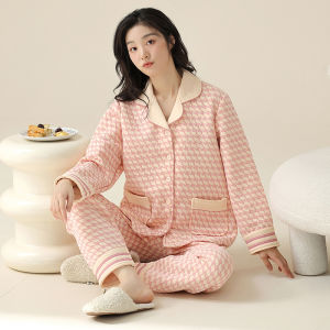 Miiow | Thickened Air Cotton Sleepwear Set For Women With Fleece Lining Double Layer Long Sleeve Home Clothes Autumn Winter New Arrival