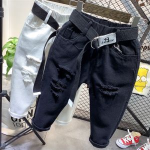 Fashionable Black White Hole Denim Pants Childrens Autumn New Style Baby Casual Version Small Foot Pants Cotton Polyester Blend