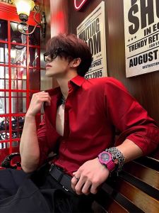 Red Wine Color Long Sleeve Shirt Mens Spring Autumn Handsome High Sensation Inner Wear Casual Slim Fit Body Shape Top