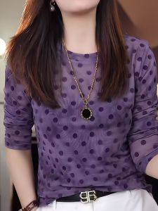 Thickened Fleece Long Sleeve T-Shirt Womens Autumn Winter Slim Fit Warm High-End Polka Dot Print Commute Style Korean Version