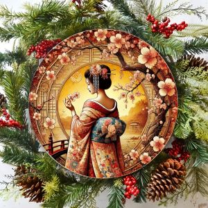 Vintage Geisha Sakura Metal Sign 20in Round Wall Art Retro Cafe Bar Decor