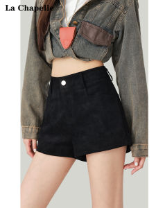 Quần Short Nhung Đen La Chapelle Cạp Cao Cho Nữ Mùa Thu Đông Quần Nỉ Nhung Bó Sát Quần Gót Cao Thường Ngày