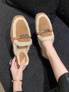 Lamb Fur Slippers Womens Flat Bottom Slip-On Shoes Metal Buckle Half Slippers Comfortable Indoor Slippers Fashionable Mules