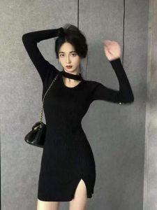 Spring Summer 2024 New Style Little Fragrance Wind High Waist Slim Fit Midi Dress Princesse Style Polyester Long Sleeve Short Skirt