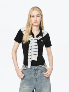 ANN ANDELMAN | Hooded Detachable Striped Cape Polo Shirt