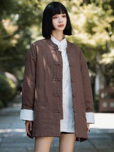 Mens Cotton Linen Jacket Winter Warmth Fashion City Style Long Sleeve Stand Collar Double Button Thickened Inner Cotton Coat