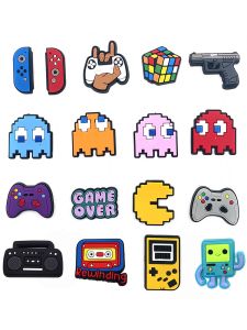 หัวเข็มขัดรองเท้า Pac-man 17 ช่อง ดอกไม้สำหรับตกแต่งรองเท้า ยางนิ่ม ลายการ์ตูน อุปกรณ์เสริมสำหรับรองเท้า หัวเข็มขัดสำหรับรองเท้า