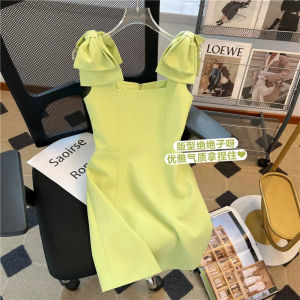 Fresh Green Square Collar Short Dress Womens Waist Cinching Vest Design Summer Casual Fashion Single Piece Butterfly Knot