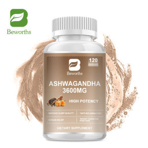 Viên nang Ashwagandha BEWORTHS 3600 mg với hạt tiêu đen giúp giảm căng thẳng thư giãn hỗ trợ chất lượng giấc ngủ cải thiện tâm trạng sức bền sức sống và sức mạnh
