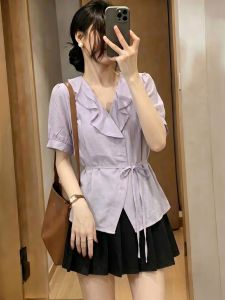 Slimming Tie Waist Blouse Short Sleeve V-Neck Shirt