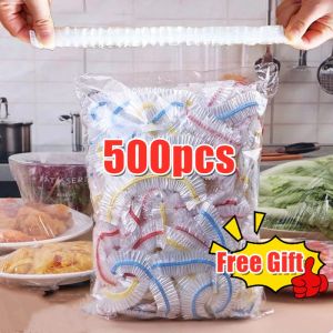 【Free Gift】500pcs Transparent Disposable Food Cover Colorful Elastic Plastic Wrap Fruit Food Covers Storage Bag Kitchen Fresh Saver Bags Organizer Reusable Plastic Bowl Covers Food Covers Elastic Stretch Bowl Covers Kitchen Dining Cookware Canning