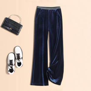กางเกงขายาวทรงหลวมเอวสูงผ้ากำมะหยี่สีน้ำเงินสำหรับผู้หญิง กางเกงขายาวทรงตรงยาวถึงพื้น ทรงหลวม ทรงขากระบอกเล็ก กางเกงขายาวทรงหลวม