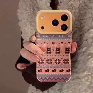 Autumn Winter Fair Isle Gold Brown Bear Leather Phone Case For iPhone 17 AIR 16 Pro Max 15 14 13 12 11 Pro Max Shockproof Protective Case