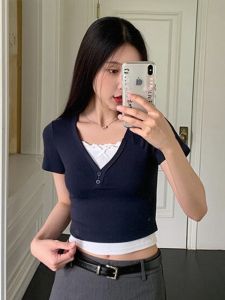 Áo Thun Tay Ngắn Mùa Hè Cho Nữ Dáng Ôm Cổ Chữ V Ren Thắt Nút Bướm Phong Cách Hàn Quốc Tay Thường Màu Trơn