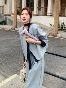 Blue Elegant Wide Leg Pants Suit Set Womens Commute Style Two Piece Set Autumn New Arrival Fashionable Business Casual Outfit