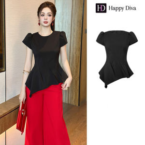 Happy Diva Womens Black Crew Neck Irregular Simple Fashion Versatile Slimming Top 45209