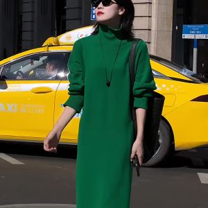 Green Turtleneck Elegant Loose Lazy Knit Dress