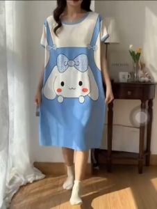 ชุดนอนกระโปรง เนื้อผ้านุ่ม คุณภาพสูง ลายการ์ตูนน่ารัก กระโปรงแขนสั้น ผ้าคอตตอน กระโปรง