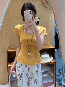 YUEZHONGWEI | Yellow Knitted Ice Silk Short Sleeve T-Shirt Womens Slim Fit Square Collar Summer Top Small Size Waist Tie Design