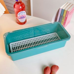 Student Transparent Tea Colored Storage Box with Lid for Makeup Brushes Beauty Blender Dustproof Japanese Style Organizer