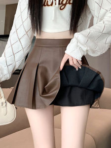 Caramel PU Leather A-Line Mini Skirt Womens High Waist Slimming Anti-Light Checkered Skirt Commute Korean Style Fashion