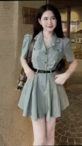 Đầm Jeans ngắn xếp ly xoè tay búp cổ sơ mi nút dóng có túi kèm đai ulzzang tiểu thư Hàn Quốc