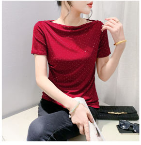 REHIN เสื้อยืดตาข่ายแขนสั้นเปิดไหล่ยืดหยุ่นสูงกับเสื้อฐานเข้ารูปพอดีสีทึบสง่างามสำหรับผู้หญิง2024ฤดูร้อน บอดี้สูทหญิง