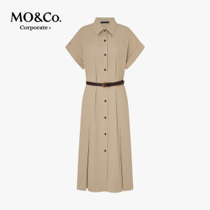MO&Co. | Shirt Style Dress with Belt 3D Tailoring Roll Sleeve High Waist Pleated