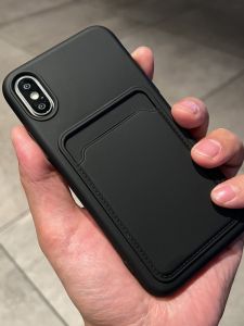 Pure Black with Card Cover Card Holder Plug-in Card Suitable for IPhoneX/Xs Phone Case Wipe Bus Pass Meal Card Apple Xsmax Soft Shell Fork All-Inclusive Drop-Resistant Silicone Men and Women Unique Creative Simple