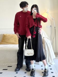 Couple Matching Soft Knitted Sweater Dress Set for Women Christmas New Year Elegant Style Long Sleeve V-Neck Midi Dress