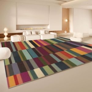 VIKAMA Retro Color Check Stripe Area Rug Non Slip Washable Living Room Carpet Modern Abstract Geometric Home Floor Rug
