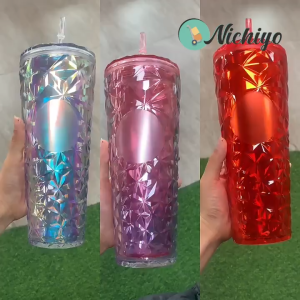 🔥FAST SHIPPING🔥 500ml Double Layer Plastic Wall Diamond Studded Tumbler with Straw Multi-Color Quilted Cup
