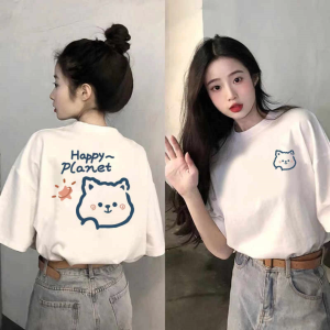 T-Shirt Wanita Lengan Pendek Katun Tipis - Motif Kucing & Tulisan Korea Desain Streetwear Oversize Slim Fit 2025 Baju Nyaman Ukuran Besar Kerah Bulat Gaya Manis Musim Panas Santai Nyaman Ramah kulit Tops Slip-on Modis Pakaian Gaya kampus