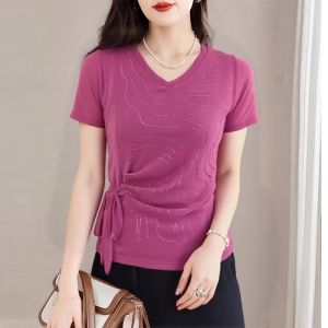 QIAOXIZI | Summer Loose Fit Slimming T-shirt with V-neck and Rhinestones