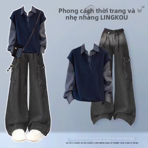 NUMEN BUTTON | Bộ Áo Sweater Giả Hai Mảnh Cao Cấp K-style và Quần Jeans Degrade