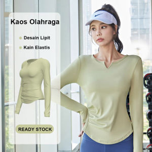 Atasan Olahraga Wanita  Lengan Panjang V-Leher Baju Kaos Sport Wanita Zumba Yoga T-shirt Polos Cepat Kering S-XXL