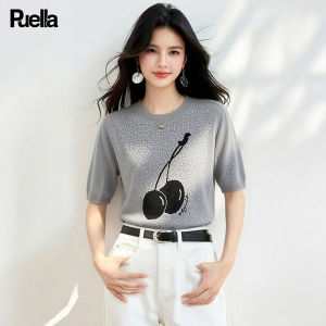 puella | Color-blocked Cherry Embroidery Loose Fitting Slim Summer Top
