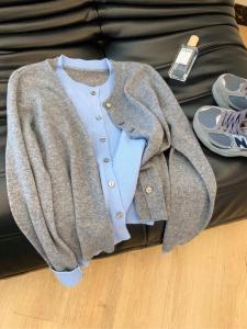 Gray Blue Color Block Open Front Knit Sweater Cardigan Womens Loose Comfortable Style Soft Cozy Fake Two-Piece Top for Autumn