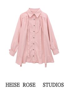 Sweet Loose Long Sleeve Pink Sash Shirt Dress A-Line Skirt Design Autumn Winter Gentle Style Womens Fashion Casual Dress