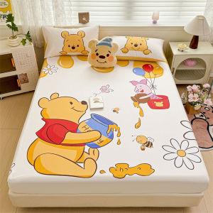 Dansunreve Pure Cotton Fittedsheet Disney Series Mickey/Stitch/Winnie Pooh Bedsheet with Garterized Soft Breathable Fitted Sheet Single/Queen/King