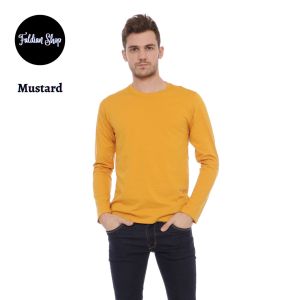 Kaos Polos Pria Oneck Lengan Panjang Bahan Katun Combed 30s Warna Mustard