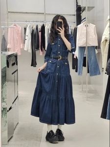 Váy Denim Dài Tay Màu Xanh Đậm Thanh Lịch Cho Nữ Mùa Xuân Thu Thường Ngày Cạp Cao Dáng Chữ a Váy Chữ a Một Mảnh