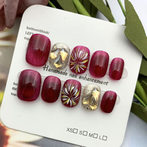 Hand-Painted Cat Eye Firework Red Wearable Nail Art Short Style Handmade Diamond-Encrusted Nails High-End Feeling Finished Patch