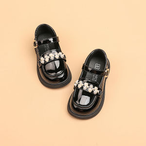 Princess Style PU Leather British Style Kids Shoes Pearl Rhinestone Soft Bottom Slip-On Loafers Spring Summer Childrens Footwear