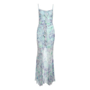 Sweet Desire Gradient Floral Print Strapless Long Dress Womens Lace Trim Corset Style Fish Tail Gown Princess Cut Summer Dress