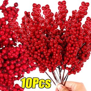 Christmas Artificial Red Berry Branches Xmas Tree Holly Berries Stem DIY Wreath Decoration for Home New Year Table Decor Flower