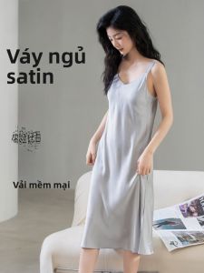 MiiOW | Đồ ngủ lụa băng mùa hè cho nữ Đầm ngủ mỏng mát mẻ có đệm ngực Váy dài vừa phải cổ chữ V Không tay Chất liệu polyester